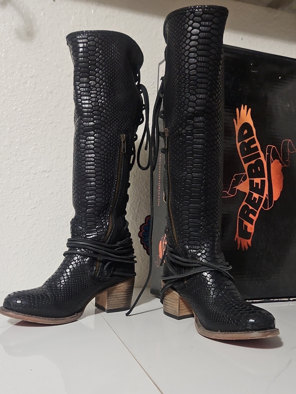 Freebird by Steven Coal Black Embossed Leather Lace-Up Tall Boots W/Box And Bags
